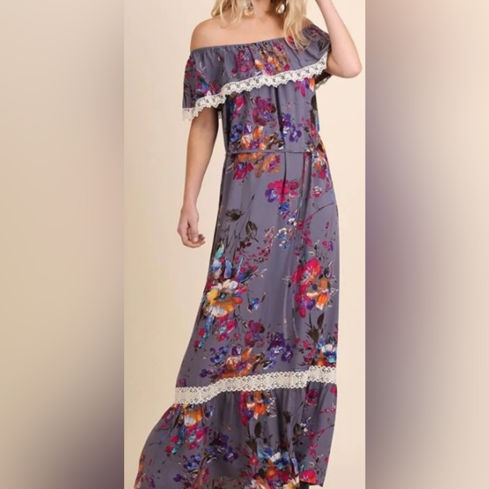 Umgee Maxi Off Shoulder Purple Floral Dress Size Small